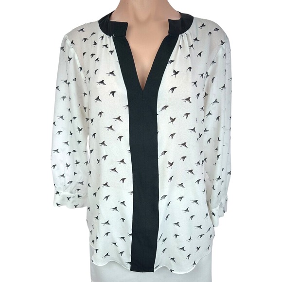 Cynthia Steffe Size L Sheer Pullover Top Blouse White w Black Birds 3/4 Sleeve - Picture 1 of 6